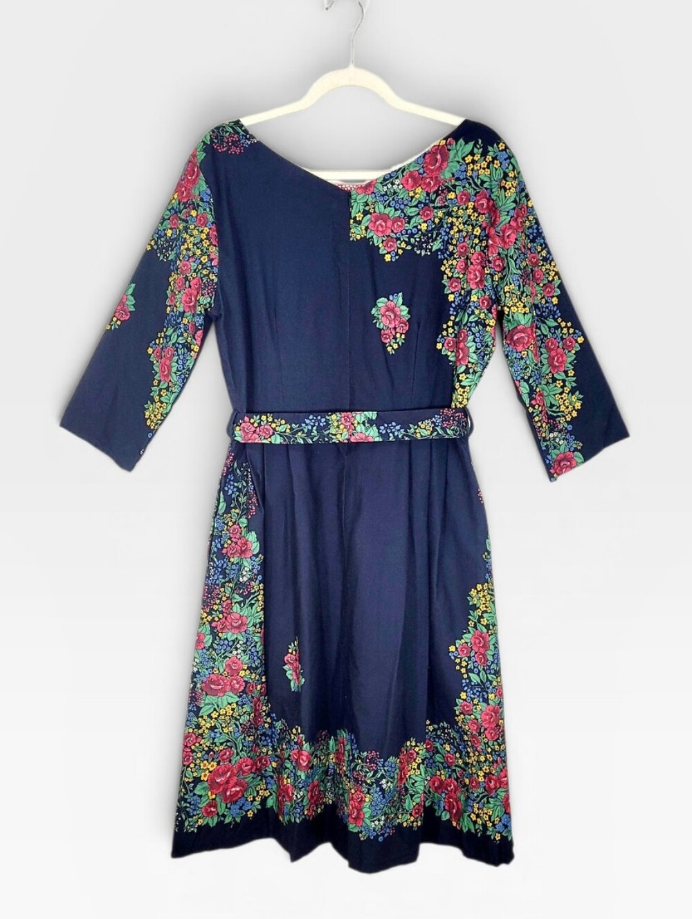 NWT PALAVA UK Beatrice Black Hungarian Flower Retro Belted Midi Dress US 10 - Picture 8 of 15